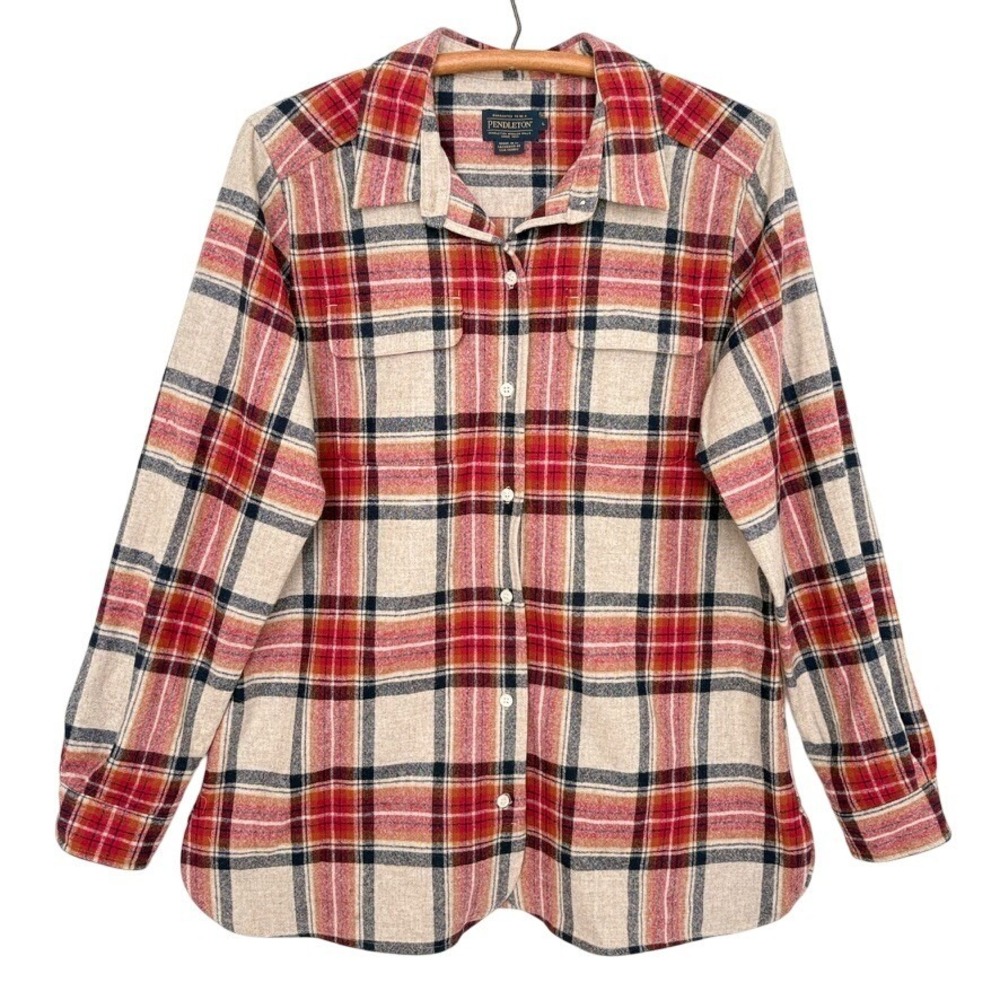 Pendleton Mens Red Plaid Virgin Wool Pockets Button Down Board Shirt Large